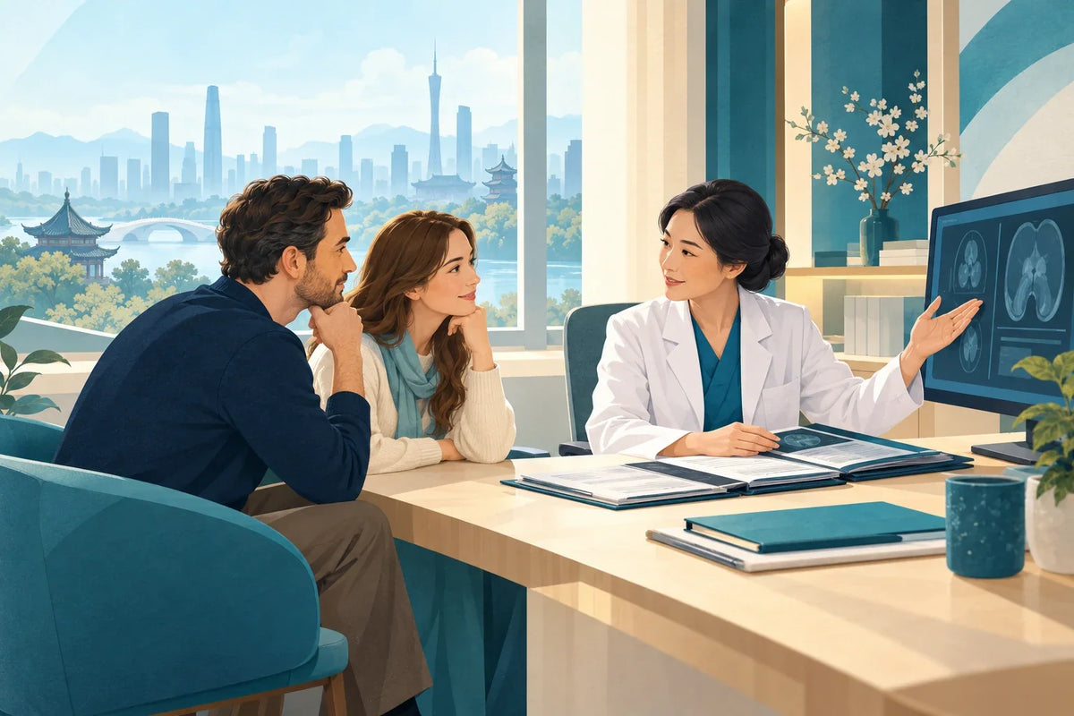 Editorial illustration of an international patient and companion discussing medical records with a Chinese specialist.